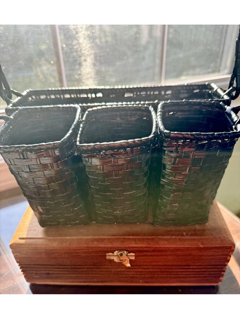 Vintage Wicker Flatware Utensil Caddy Basket Picnic Farmhouse Country Cottagecor